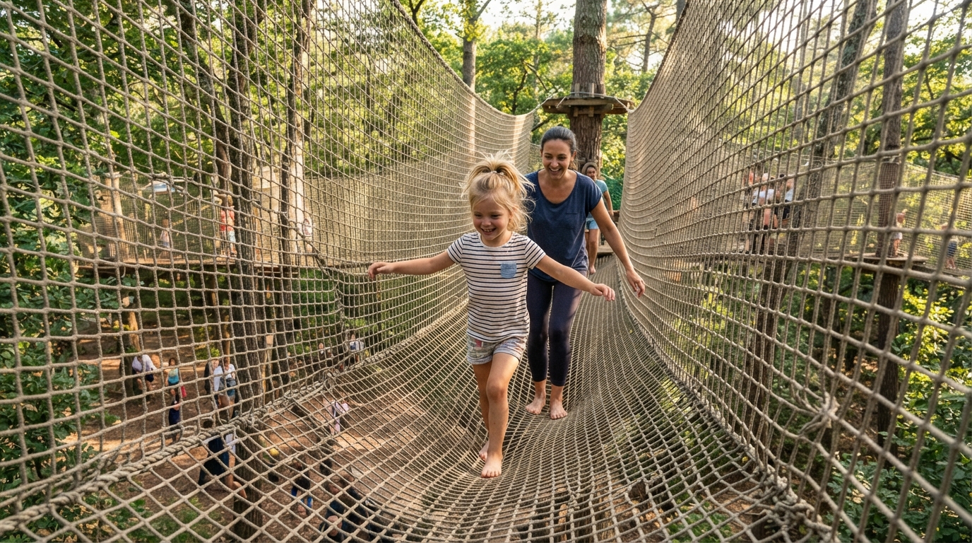 à la baule, découvrez canopy parc et ses parcours d’accrobranche sur filets, sans harnais, pour une aventure ludique en pleine nature.
