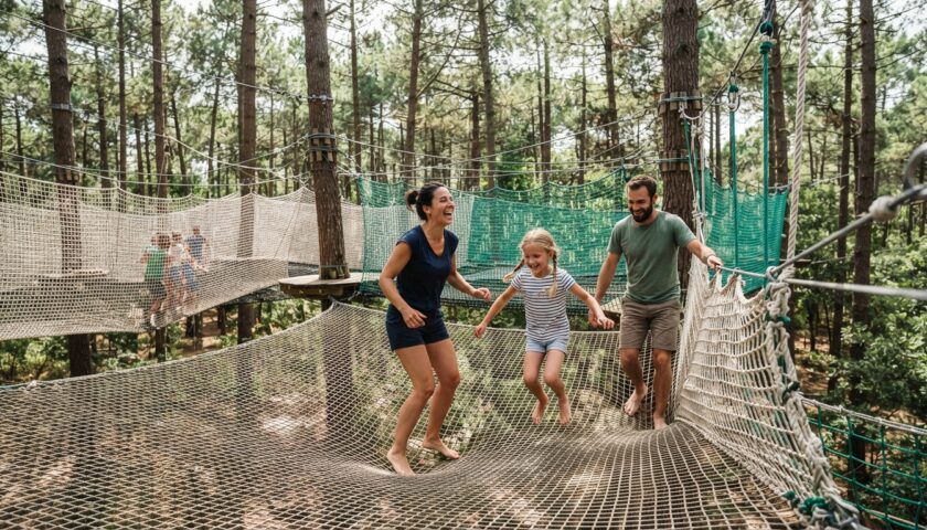 à la baule, découvrez canopy parc et ses parcours d’accrobranche sur filets, sans harnais : une aventure ludique et accessible à partager en famille.