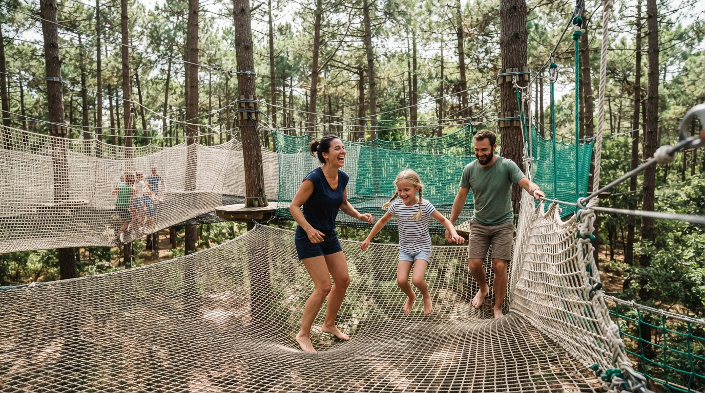 à la baule, découvrez canopy parc et ses parcours d’accrobranche sur filets, sans harnais : une aventure ludique et accessible à partager en famille.